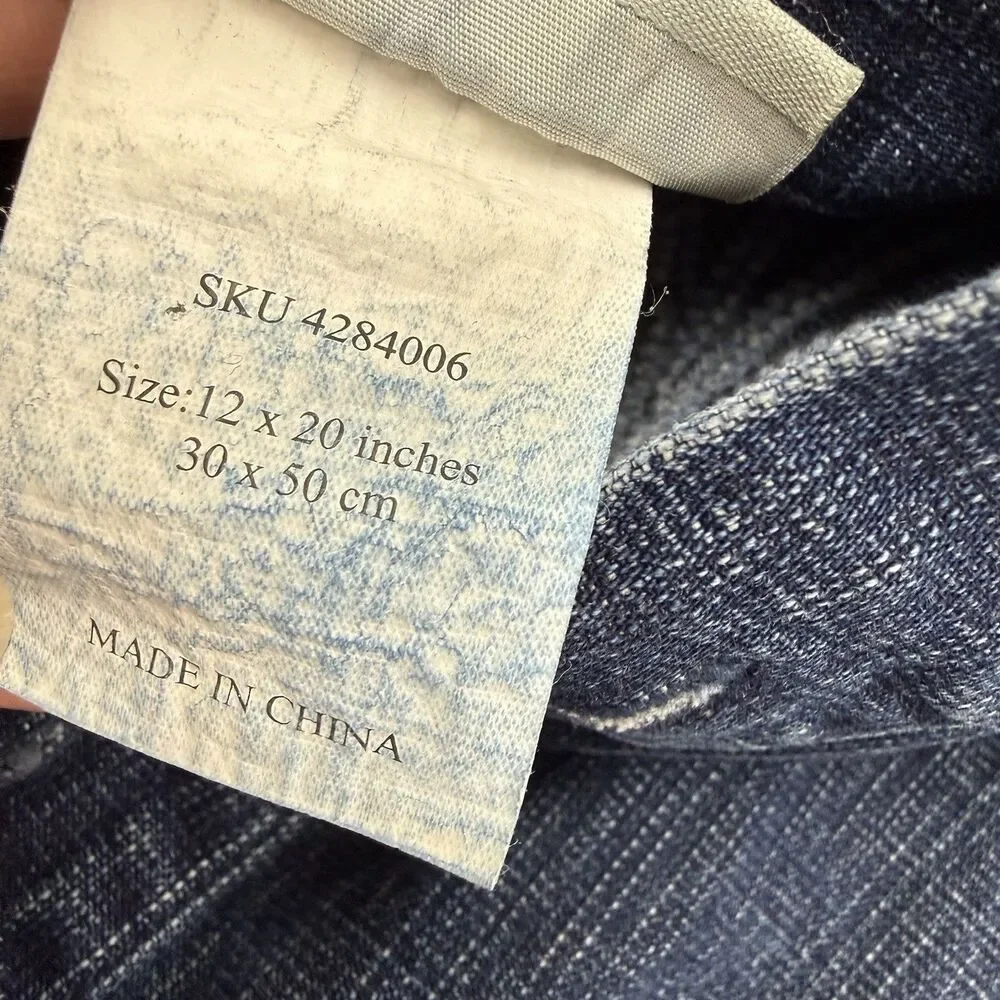 Pottery Barn Lumbar Pillow Cover Sham Cotton Denim Jean Embroidered 12x20 Blue
